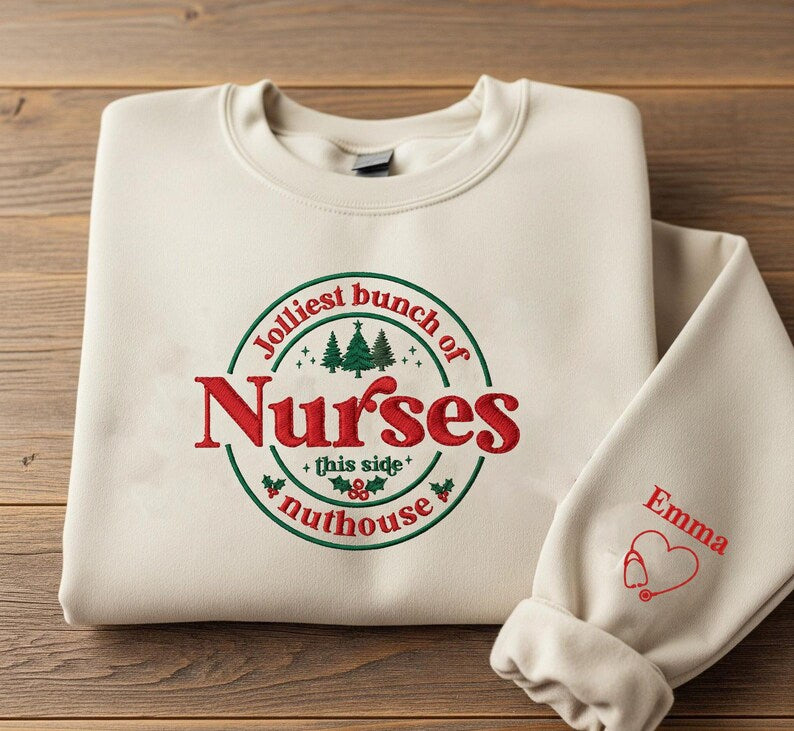 Custom Embroidered Christmas Nurse Sweatshirt, Jolliest Bunch Of Nurses